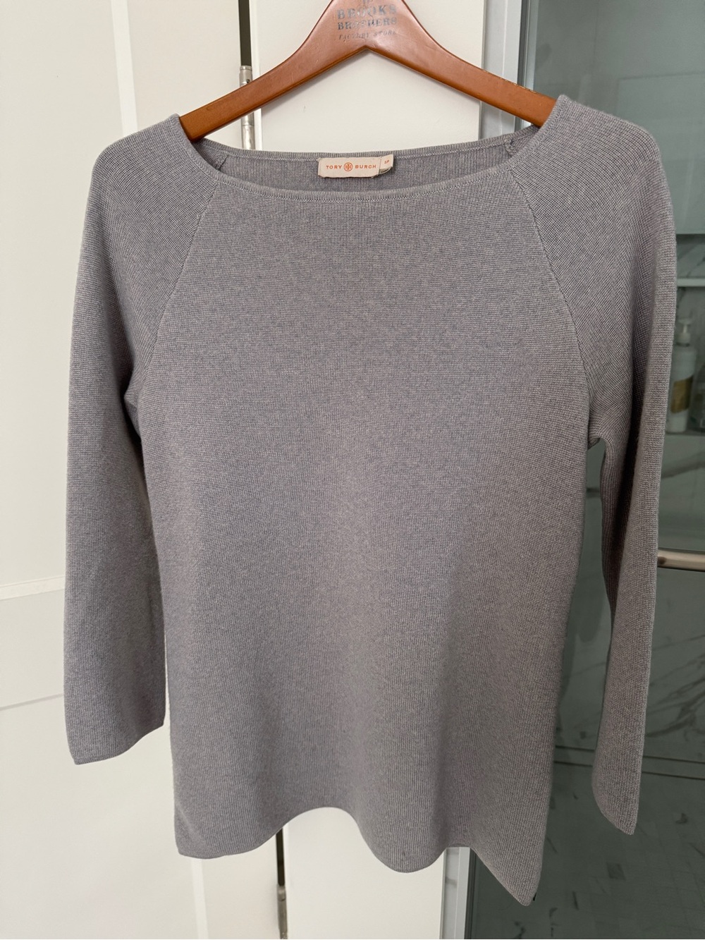Tory Burch Heather Gray Merino Knit Boatneck Sweater